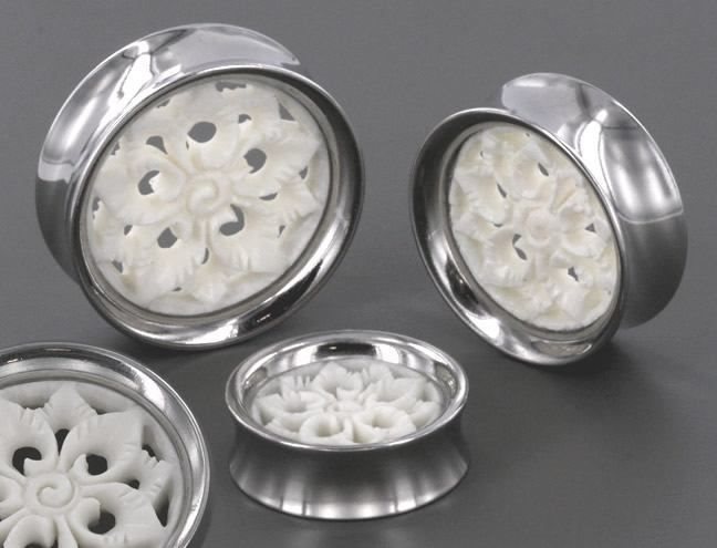 Double Flared Eyelet - Bone Flower Inlay (sold in pair)