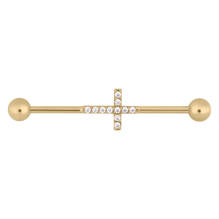 Crystal Cross Industrial Barbell - Guld Stål
