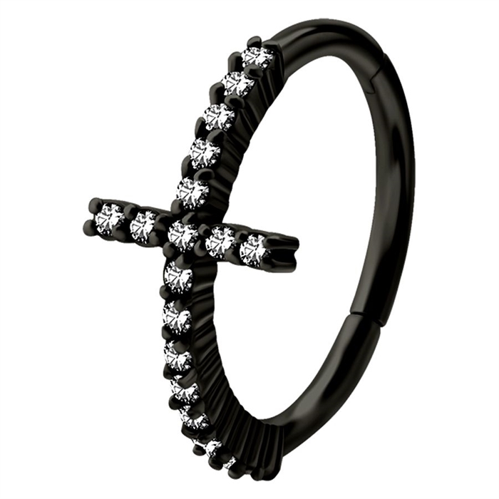 Jewelled Cross Hinged Ring - Svart Stål