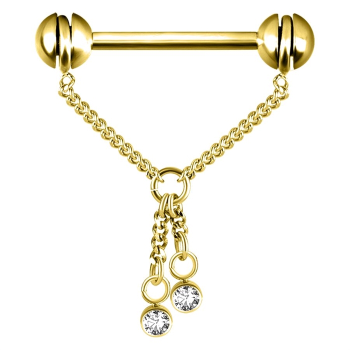 Double Crystals Chain Bröstbarbell - Guld Stål