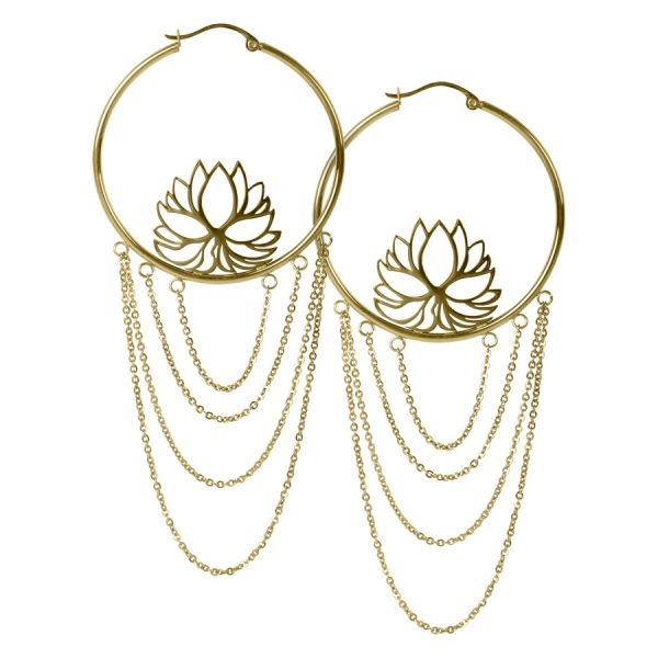 Lotus with Chains Golden Hoops - Sold in Pair
